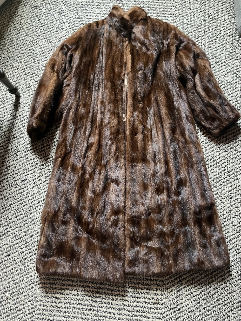 Women's Full Length Dark Brown Ranch Mink Coat, Silk Lining, custom made collar